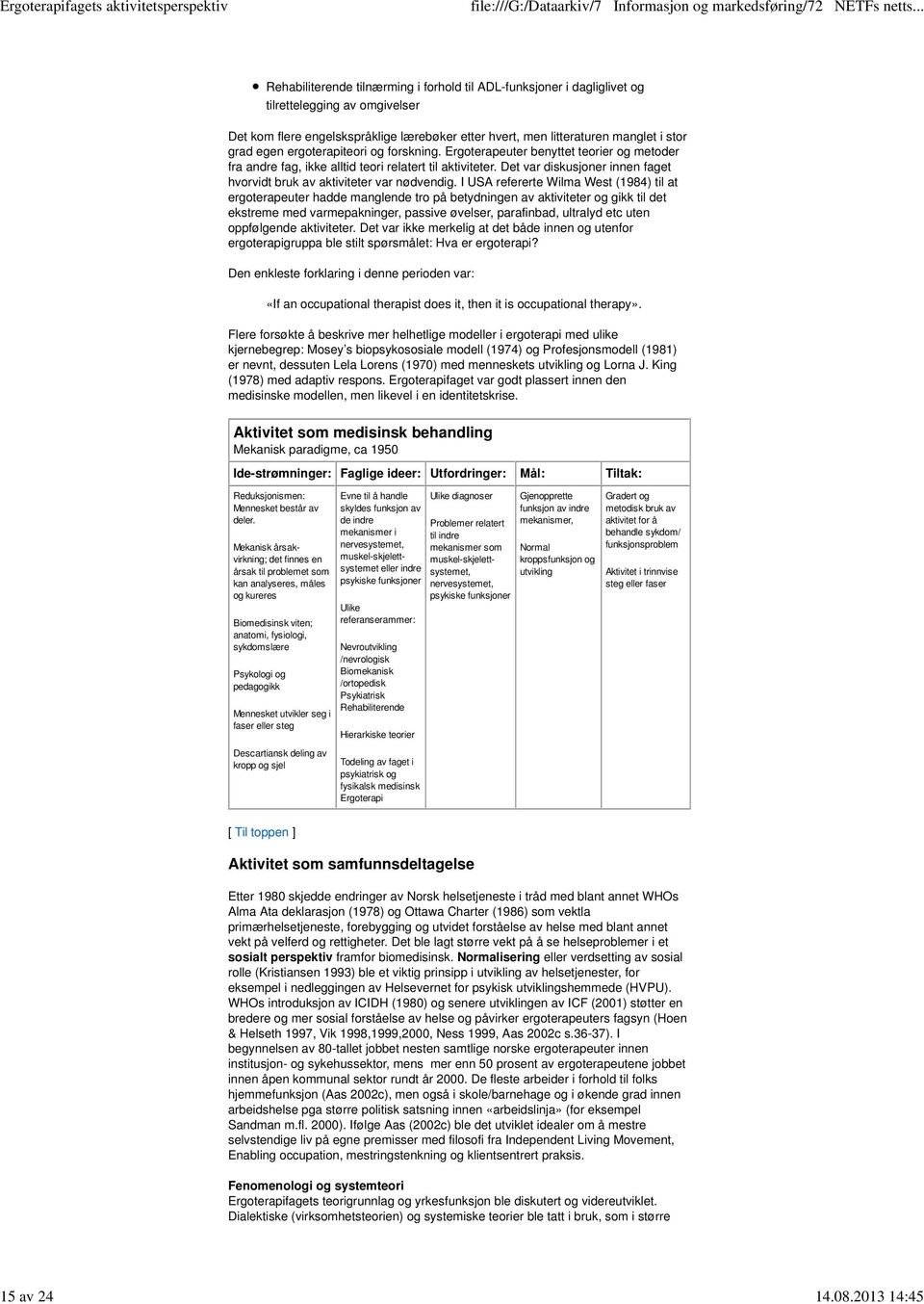 grad egen ergoterapiteori og forskning. Ergoterapeuter benyttet teorier og metoder fra andre fag, ikke alltid teori relatert til aktiviteter.