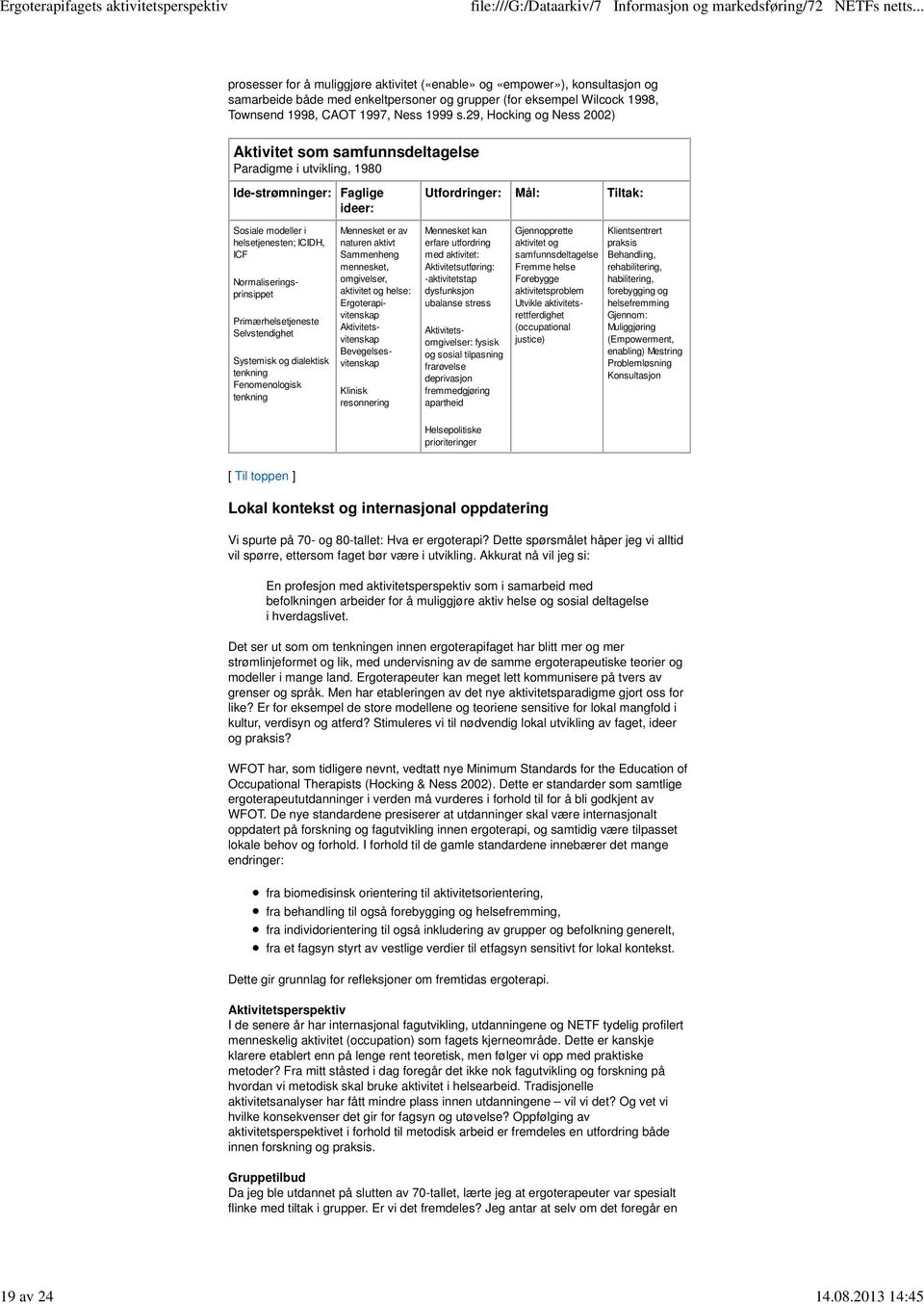 Normaliseringsprinsippet Primærhelsetjeneste Selvstendighet Systemisk og dialektisk tenkning Fenomenologisk tenkning Klinisk resonnering Mennesket kan erfare utfordring med aktivitet: