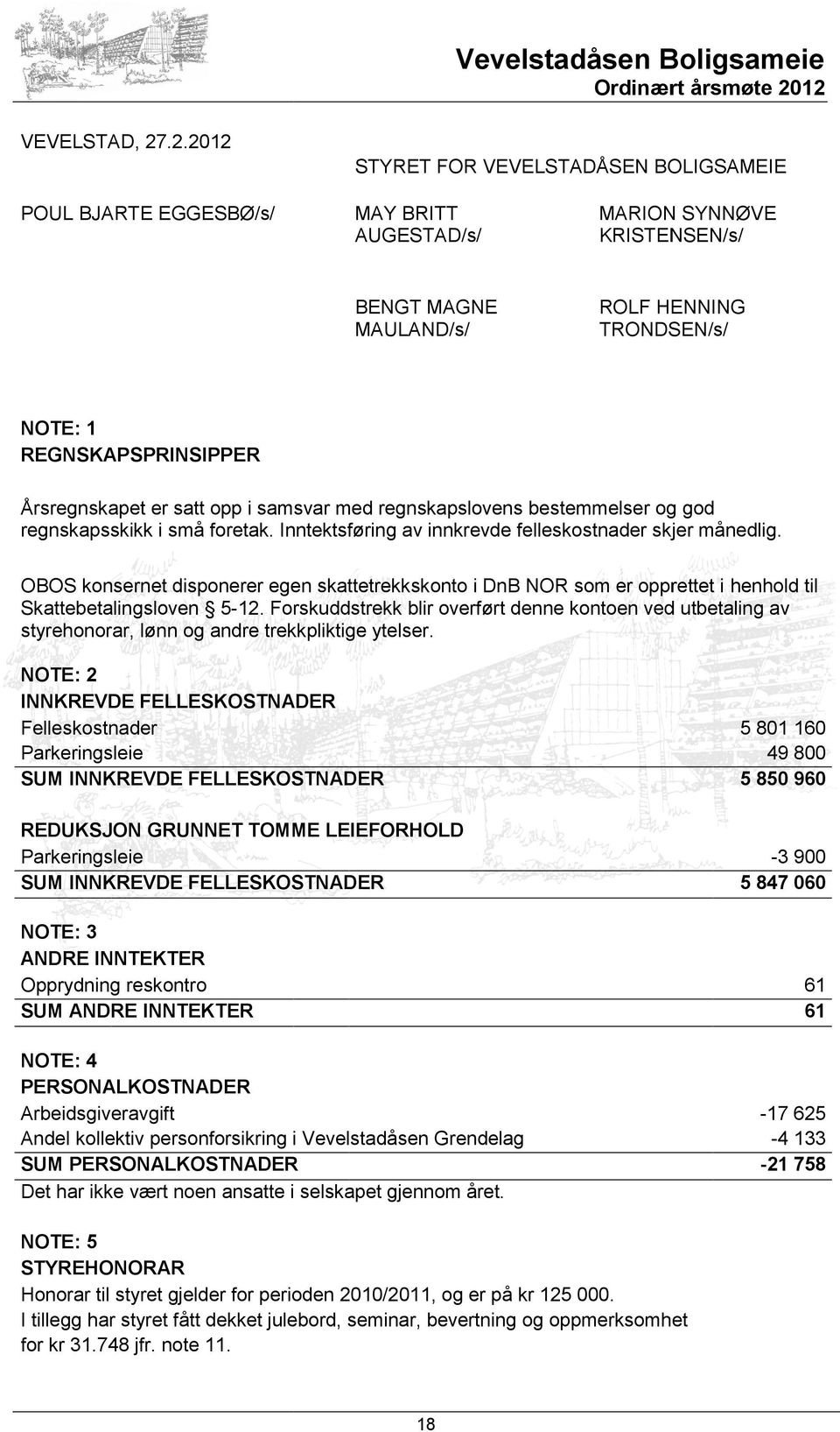 REGNSKAPSPRINSIPPER Årsregnskapet er satt opp i samsvar med regnskapslovens bestemmelser og god regnskapsskikk i små foretak. Inntektsføring av innkrevde felleskostnader skjer månedlig.