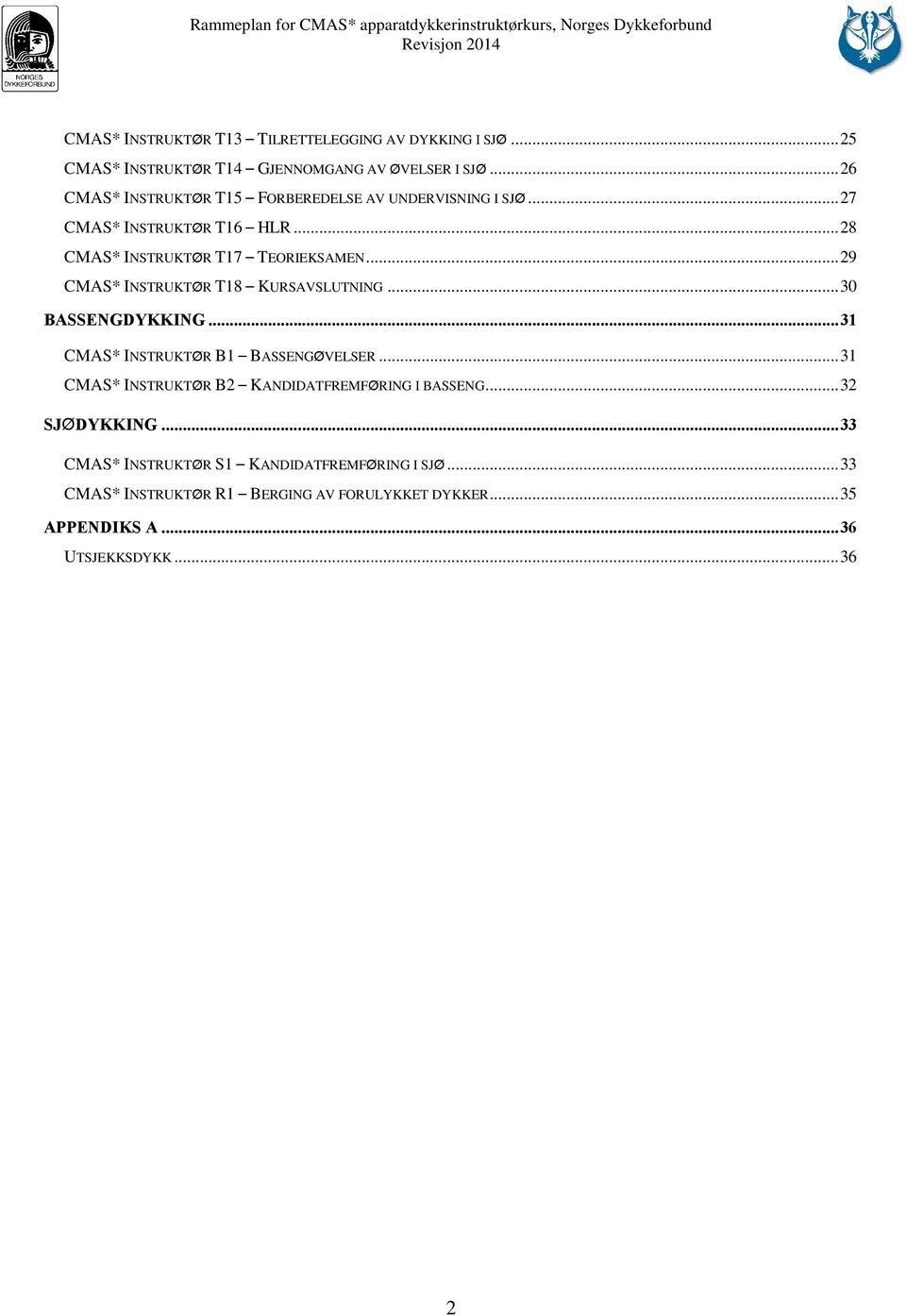 .. 29 CMAS* INSTRUKTØR T18 KURSAVSLUTNING... 30 BASSENGDYKKING... 31 CMAS* INSTRUKTØR B1 BASSENGØVELSER.