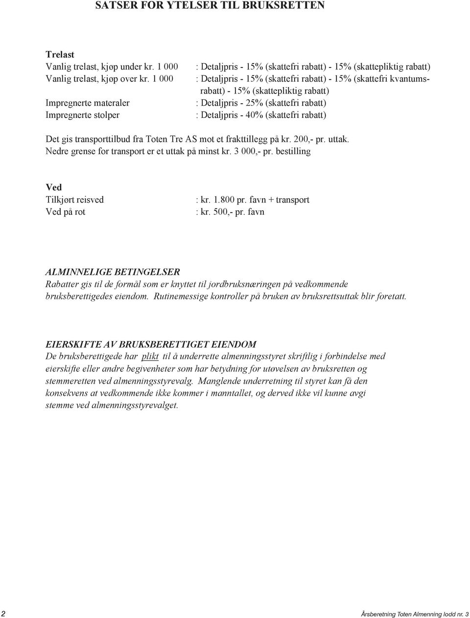 (skattepliktig rabatt) : Detaljpris - 25% (skattefri rabatt) : Detaljpris - 40% (skattefri rabatt) Det gis transporttilbud fra Toten Tre AS mot et frakttillegg på kr. 200,- pr. uttak.