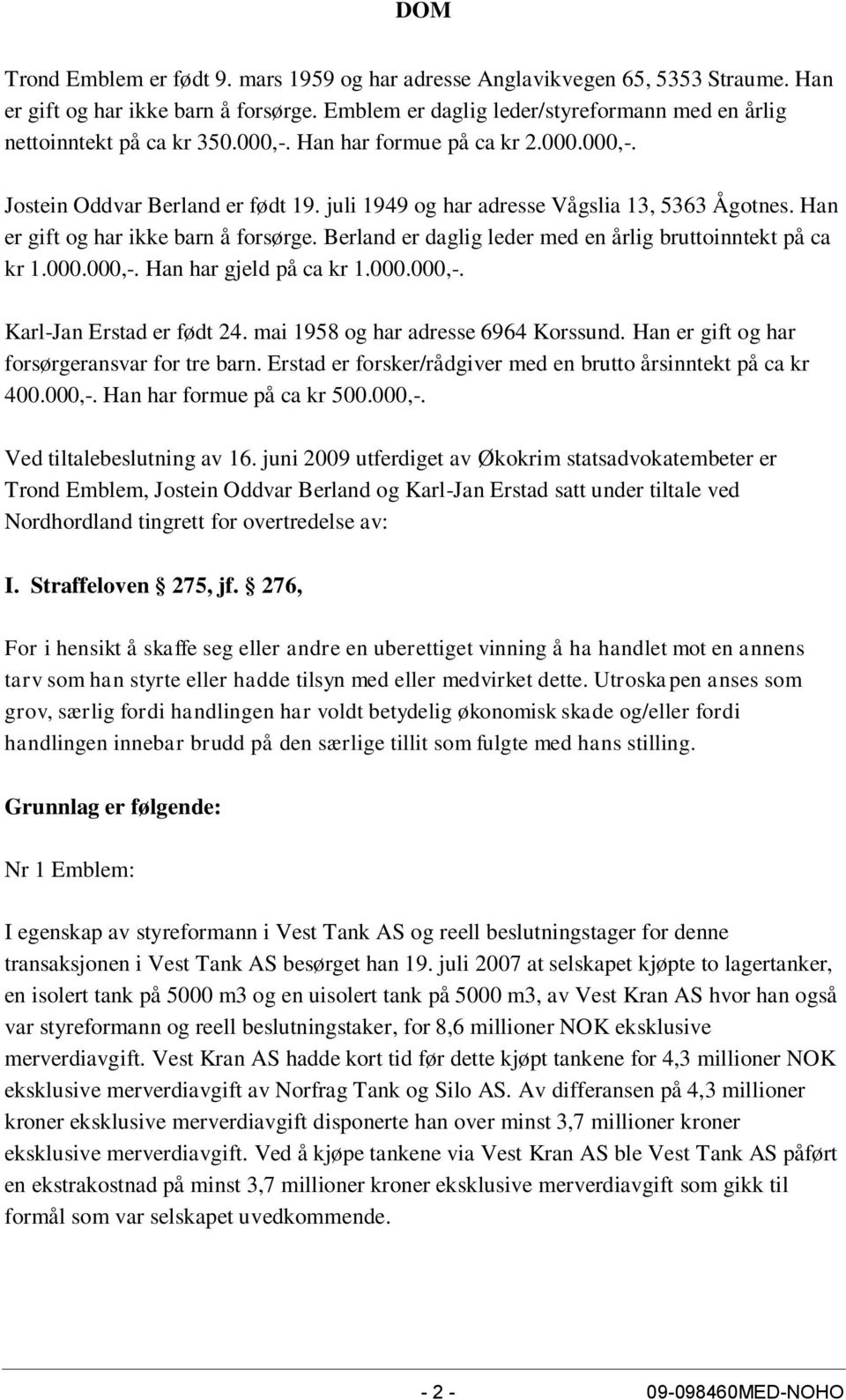 juli 1949 og har adresse Vågslia 13, 5363 Ågotnes. Han er gift og har ikke barn å forsørge. Berland er daglig leder med en årlig bruttoinntekt på ca kr 1.000.000,-. Han har gjeld på ca kr 1.000.000,-. Karl-Jan Erstad er født 24.