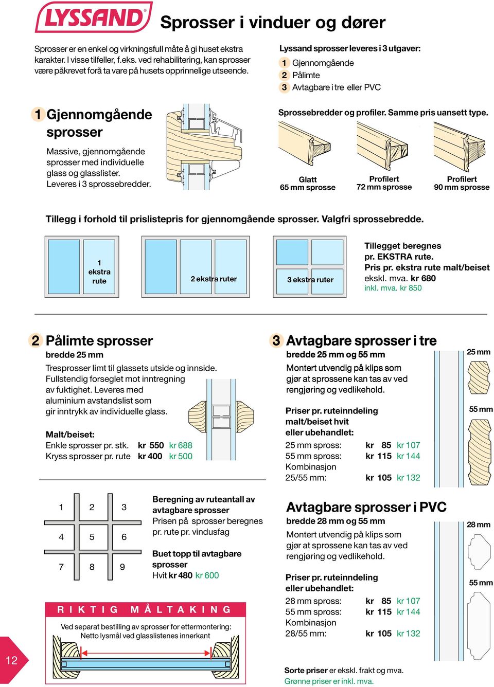 Lyssand sprosser leveres i 3 utgaver: 1 Gjennomgående 2 Pålimte 3 Avtagbare i tre eller PVC Sprossebredder og profiler. Samme pris uansett type.