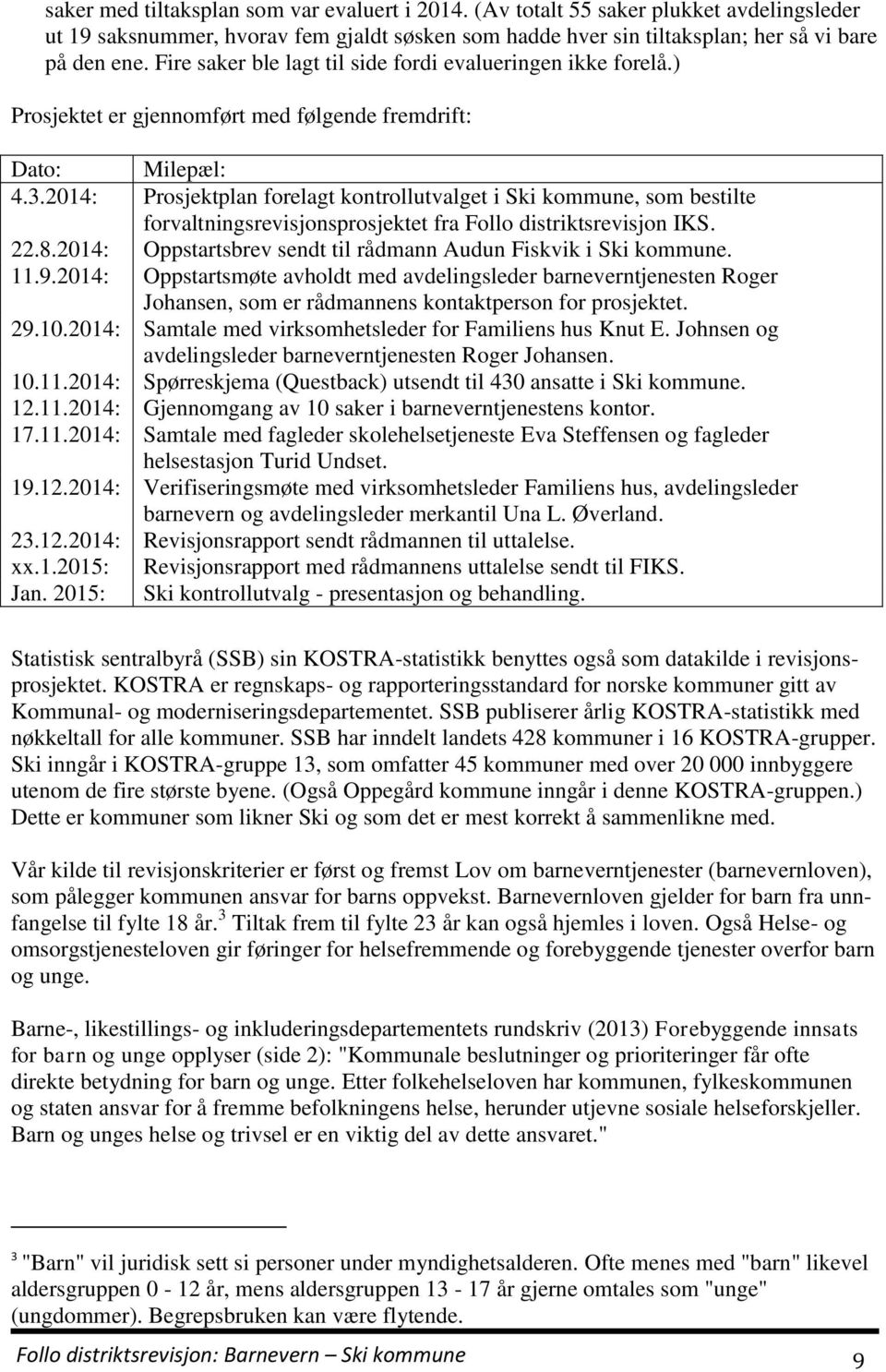 2014: Prosjektplan forelagt kontrollutvalget i Ski kommune, som bestilte forvaltningsrevisjonsprosjektet fra Follo distriktsrevisjon IKS. 22.8.