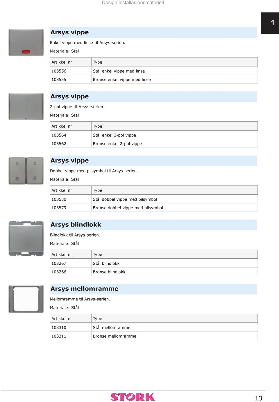 Materiale: Stål 103564 Stål enkel 2-pol vippe 103562 Bronse enkel 2-pol vippe Arsys vippe Dobbel vippe med pilsymbol til Arsys-serien.