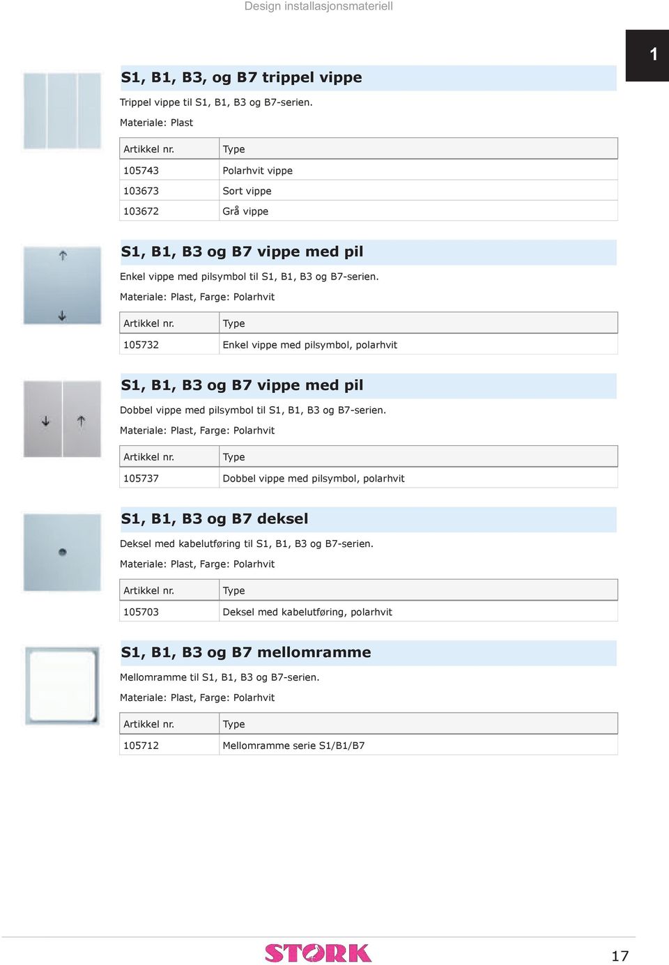 Materiale: Plast, Farge: Polarhvit 105732 Enkel vippe med pilsymbol, polarhvit S1, B1, B3 og B7 vippe med pil Dobbel vippe med pilsymbol til S1, B1, B3 og B7-serien.