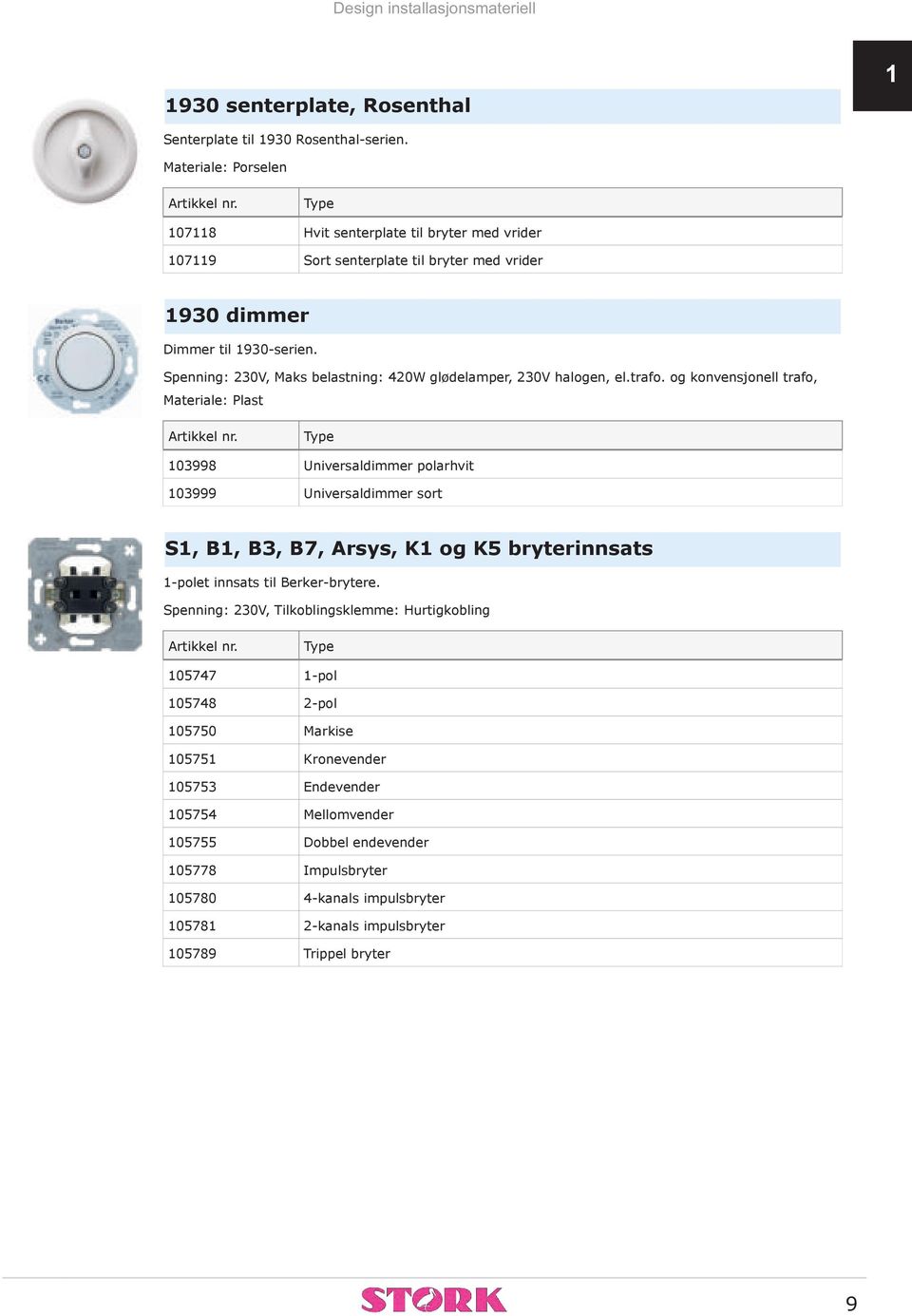 Spenning: 230V, Maks belastning: 420W glødelamper, 230V halogen, el.trafo.