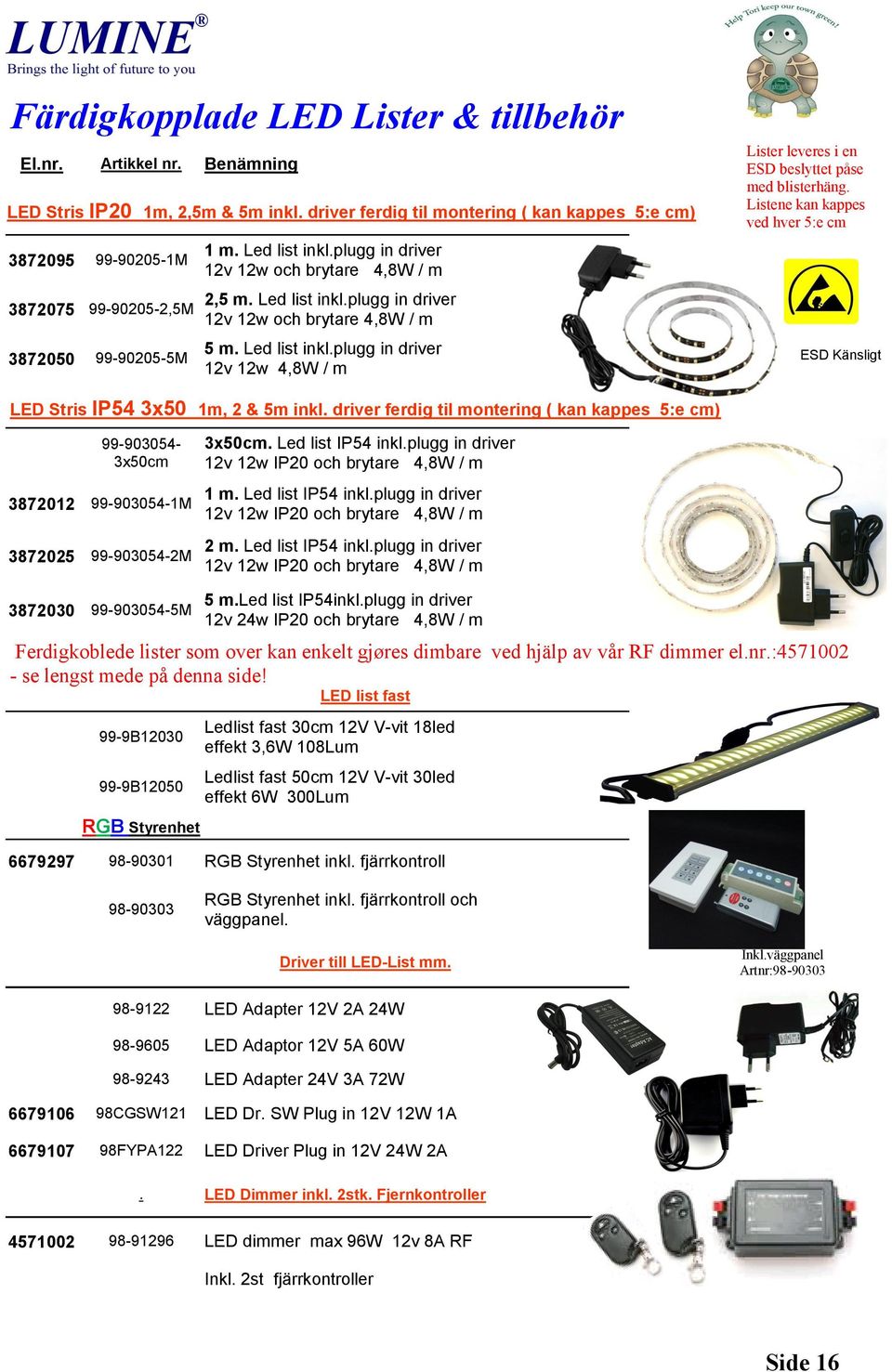 Led list inkl.plugg in driver 12v 12w 4,8W / m Lister leveres i en ESD beslyttet påse med blisterhäng. Listene kan kappes ved hver 5:e cm ESD Känsligt LED Stris IP54 3x50 1m, 2 & 5m inkl.