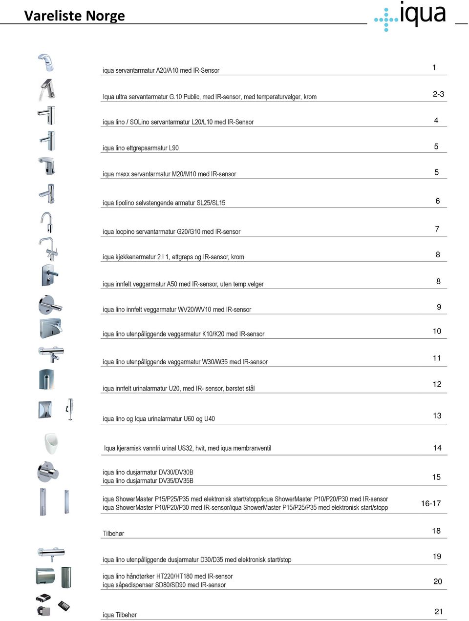 selvstengende armatur SL25/SL15 iqua loopino servantarmatur G20/G10 med IR-sensor iqua kjøkkenarmatur 2 i 1, ettgreps og IR-sensor, krom iqua innfelt veggarmatur A50 med IR-sensor, uten temp.