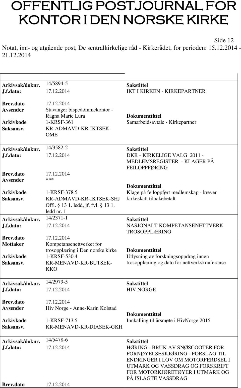 5 Klage på feiloppført medlemskap - krever Saksansv. KR-ADMAVD-KR-IKTSEK-SHJ Offl. 13 1. ledd, jf. fvl. 13 1. ledd nr. 1 kirkeskatt tilbakebetalt Arkivsak/doknr. 14/2371-1 Sakstittel J.f.dato: 17.12.