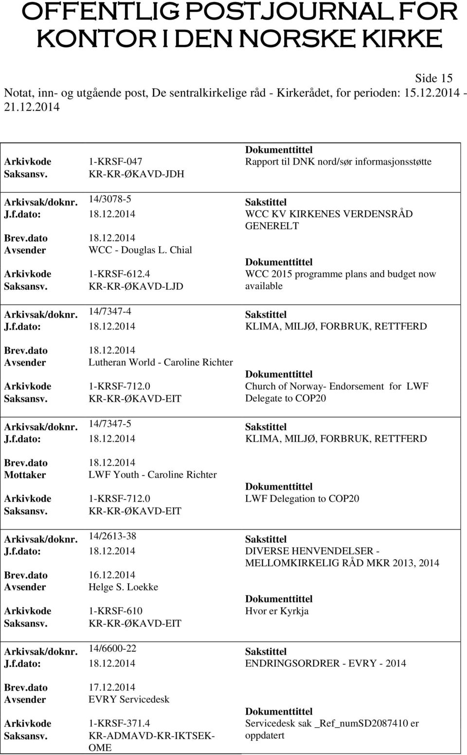 dato 18.12.2014 Avsender Lutheran World - Caroline Richter Arkivkode 1-KRSF-712.0 Church of Norway- Endorsement for LWF Saksansv. KR-KR-ØKAVD-EIT Delegate to COP20 Arkivsak/doknr.