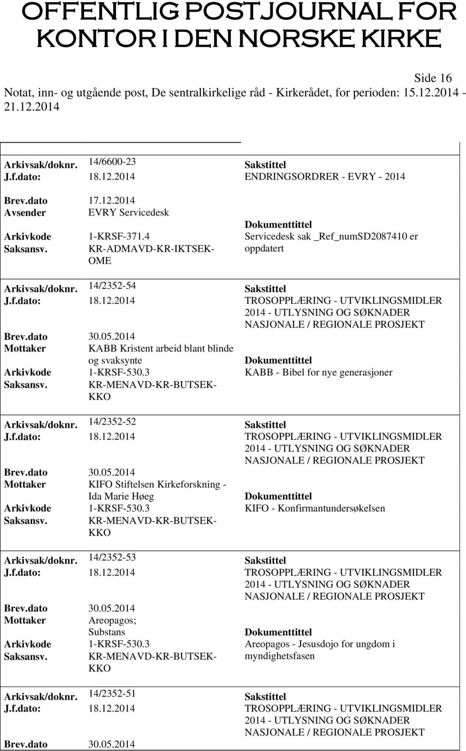 3 KABB - Bibel for nye generasjoner Arkivsak/doknr. 14/2352-52 Sakstittel Brev.dato 30.05.2014 Mottaker KIFO Stiftelsen Kirkeforskning - Ida Marie Høeg Arkivkode 1-KRSF-530.