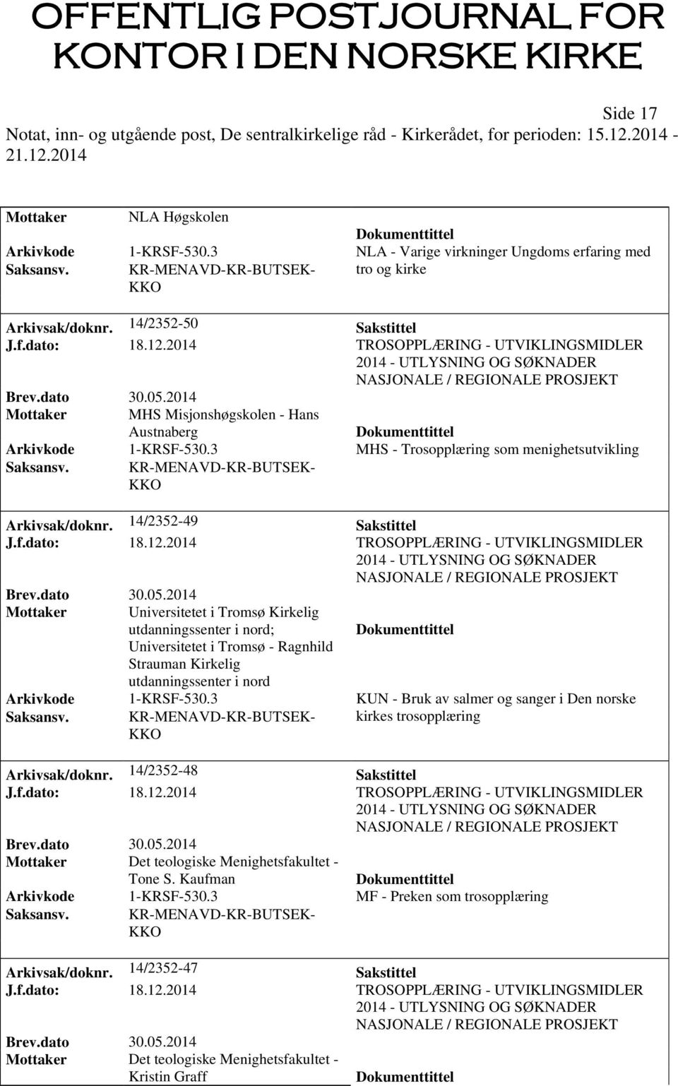 2014 Mottaker Universitetet i Tromsø Kirkelig utdanningssenter i nord; Universitetet i Tromsø - Ragnhild Strauman Kirkelig utdanningssenter i nord Arkivkode 1-KRSF-530.