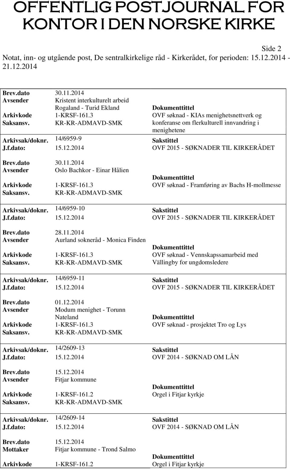 2014 Avsender Oslo Bachkor - Einar Hålien Arkivkode 1-KRSF-161.3 OVF søknad - Framføring av Bachs H-mollmesse Saksansv. KR-KR-ADMAVD-SMK Arkivsak/doknr. 14/6959-10 Sakstittel J.f.dato: 15.12.