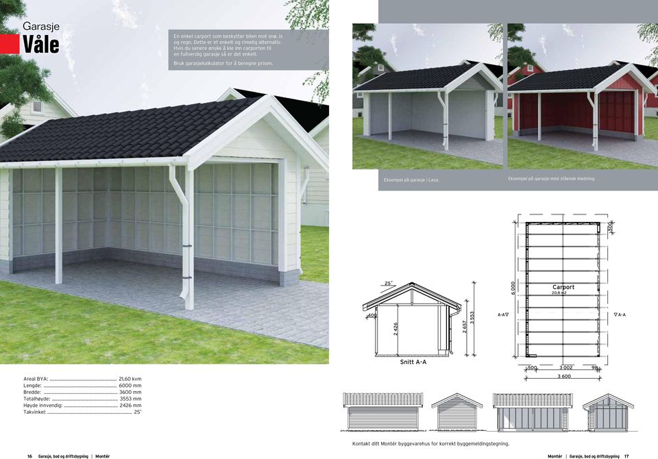 Eksempel på garasje med stående kledning. 25 Carport 20,8 m2 4 2 657 3 553 - - real BY:... 21,60 kvm Lengde:... 60 mm Bredde:... 36 mm Totalhøyde:.