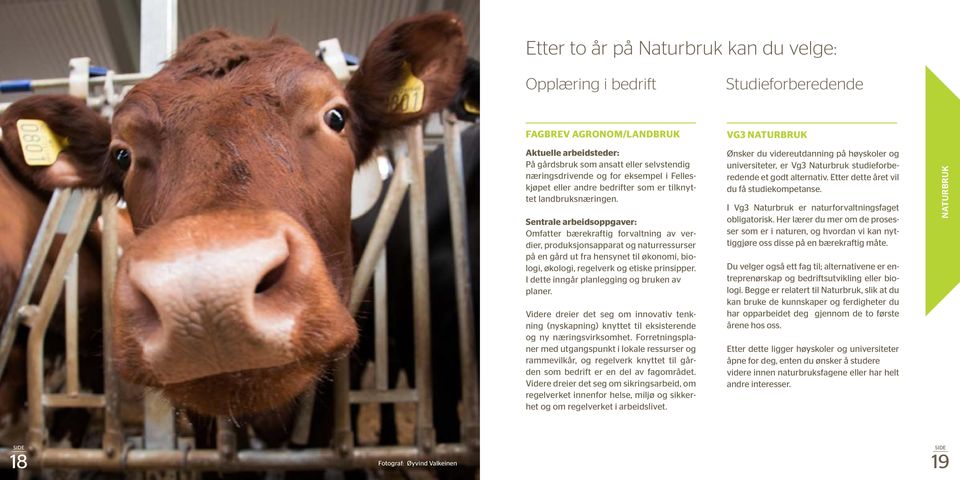 Sentrale arbeidsoppgaver: Omfatter bærekraftig forvaltning av verdier, produksjonsapparat og naturressurser på en gård ut fra hensynet til økonomi, biologi, økologi, regelverk og etiske prinsipper.