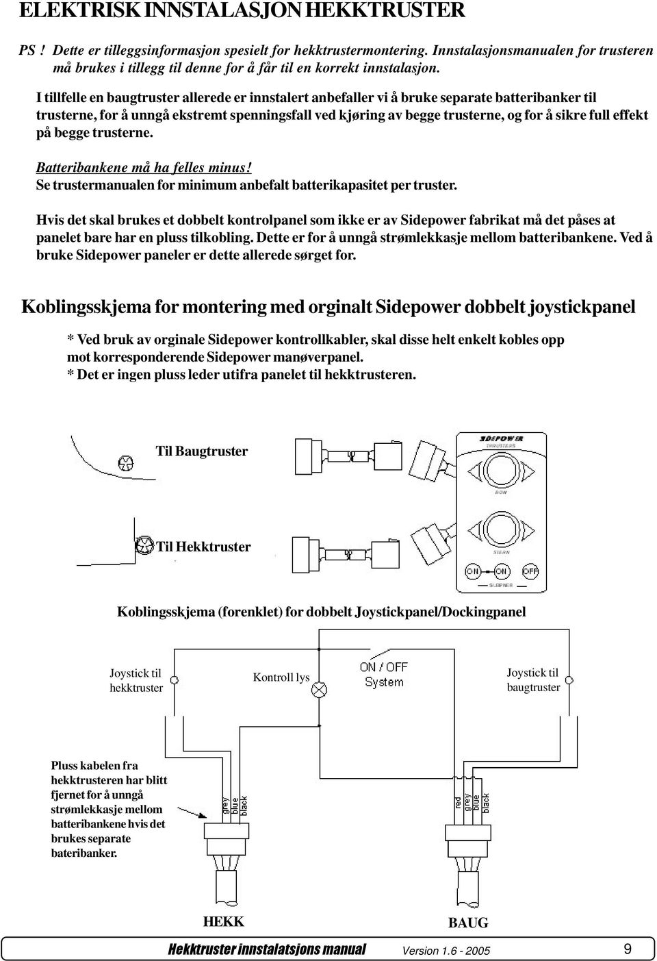 I tillfelle en baugtruster allerede er innstalert anbefaller vi å bruke separate batteribanker til trusterne, for å unngå ekstremt spenningsfall ved kjøring av begge trusterne, og for å sikre full