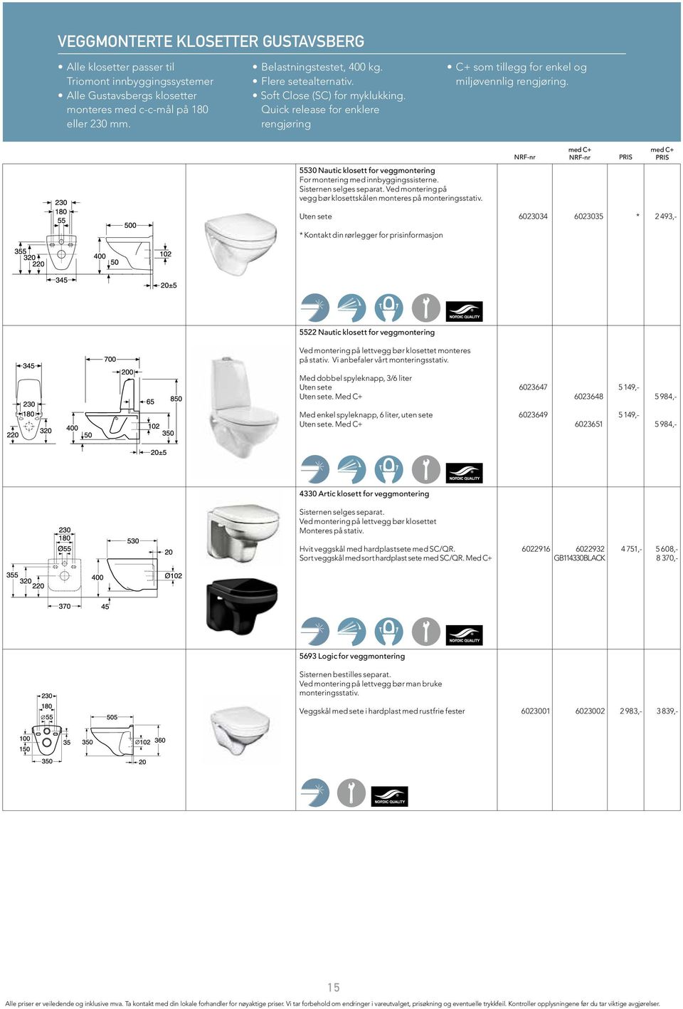NRF-nr med C+ NRF-nr PRIS med C+ PRIS 5530 Nautic klosett for veggmontering For montering med innbyggingssisterne. Sisternen selges separat.