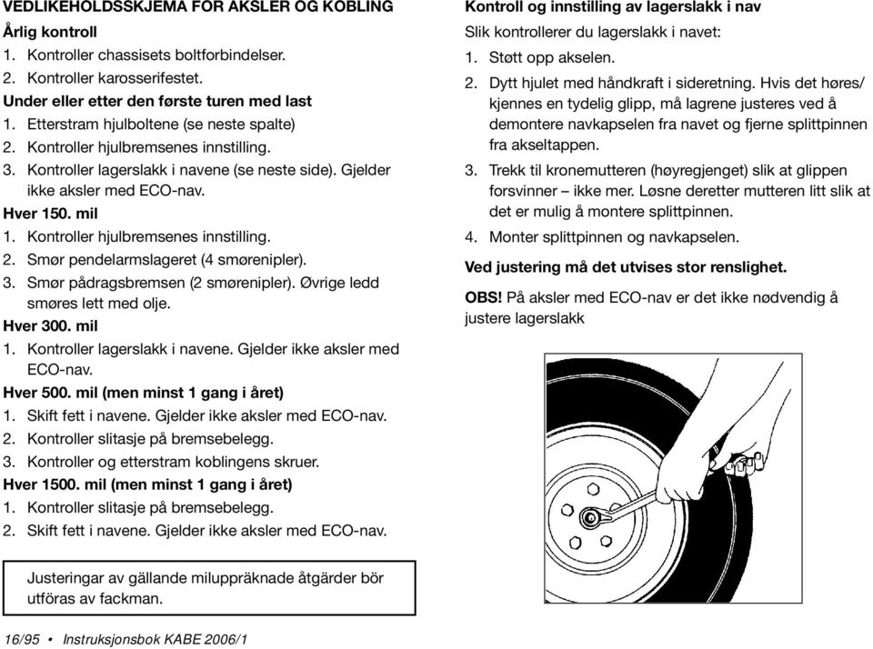 Kontroller hjulbremsenes innstilling. 2. Smør pendelarmslageret (4 smørenipler). 3. Smør pådragsbremsen (2 smørenipler). Øvrige ledd smøres lett med olje. Hver 300. mil 1.