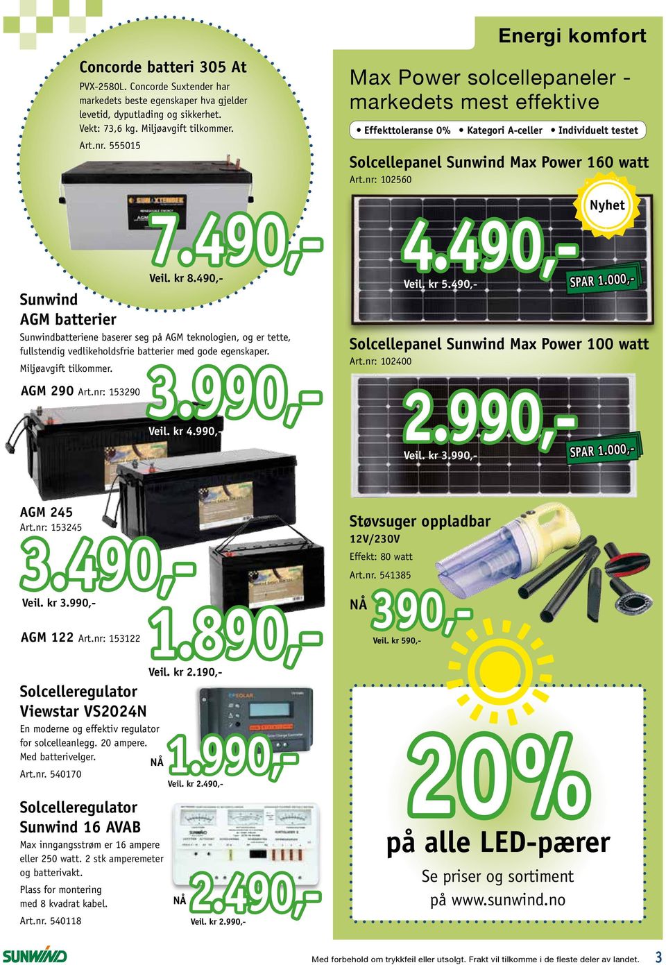 990,- AGM 290 Art.nr: 153290 Energi komfort Max Power solcellepaneler - markedets mest effektive Effekttoleranse 0% Solcellepanel Sunwind Max Power 160 watt Art.nr: 102560 Kategori A-celler 4.