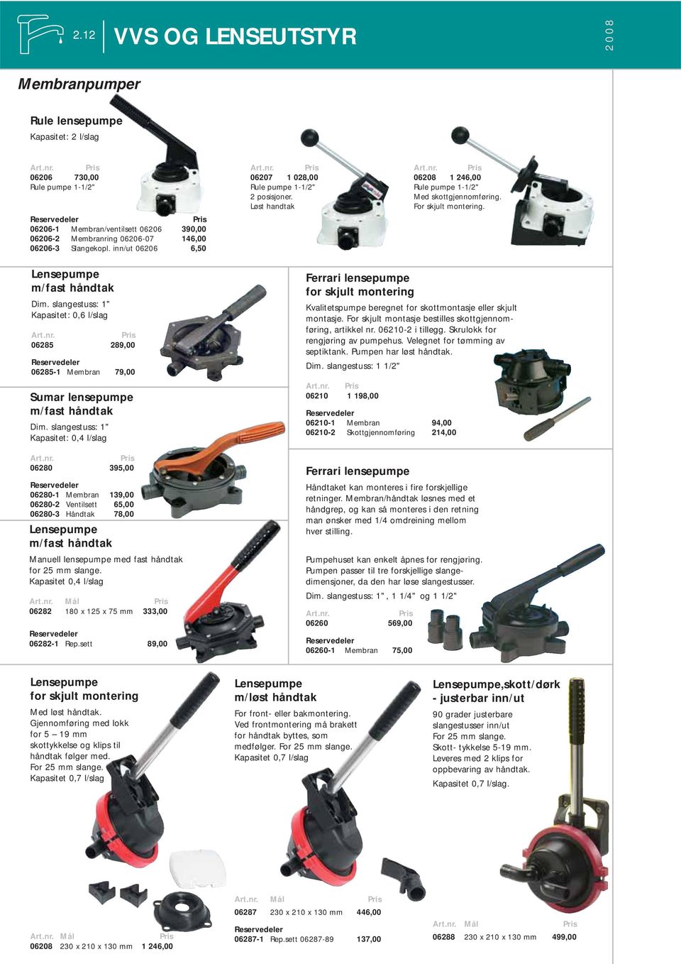 slangestuss: 1" Kapasitet: 0,6 l/slag 06285 289,00 06285-1 Membran 79,00 Sumar lensepumpe m/fast håndtak Dim.