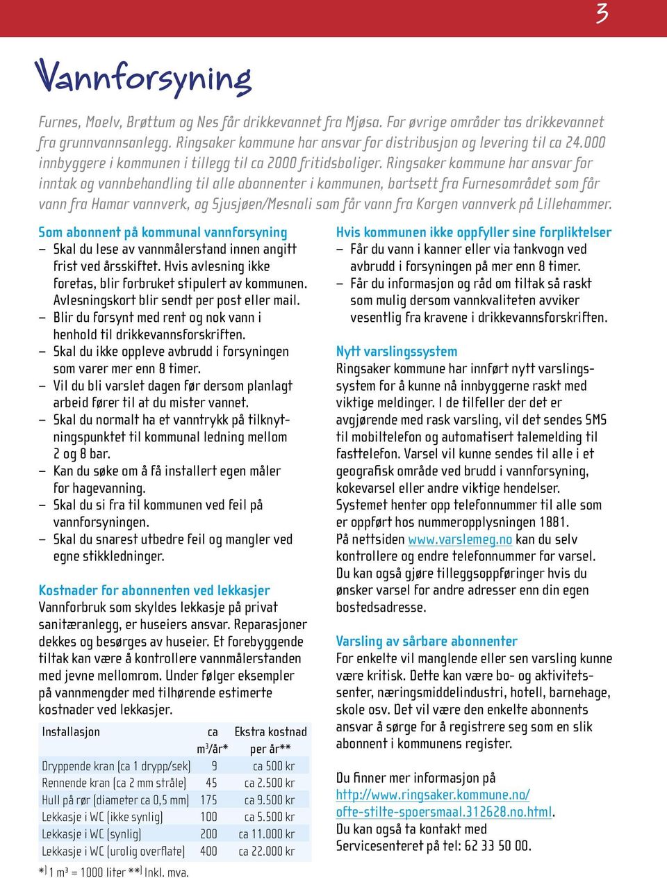 Ringsaker kommune har ansvar for inntak og vannbehandling til alle abonnenter i kommunen, bortsett fra Furnesområdet som får vann fra Hamar vannverk, og Sjusjøen/Mesnali som får vann fra Korgen