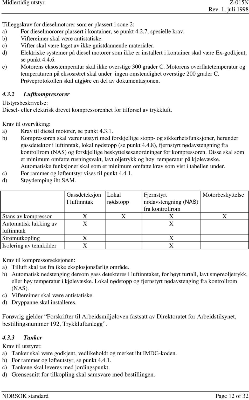 e) Motorens eksostemperatur skal ikke overstige 300 grader C. Motorens overflatetemperatur og temperaturen på eksosrøret skal under ingen omstendighet overstige 200 grader C.