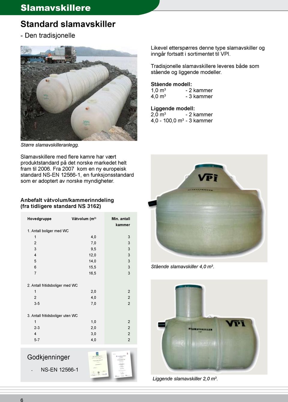 Stående modell: 1,0 m 3-2 kammer 4,0 m 3-3 kammer Liggende modell: 2,0 m 3-2 kammer 4,0-100,0 m 3-3 kammer Større slamavskilleranlegg.