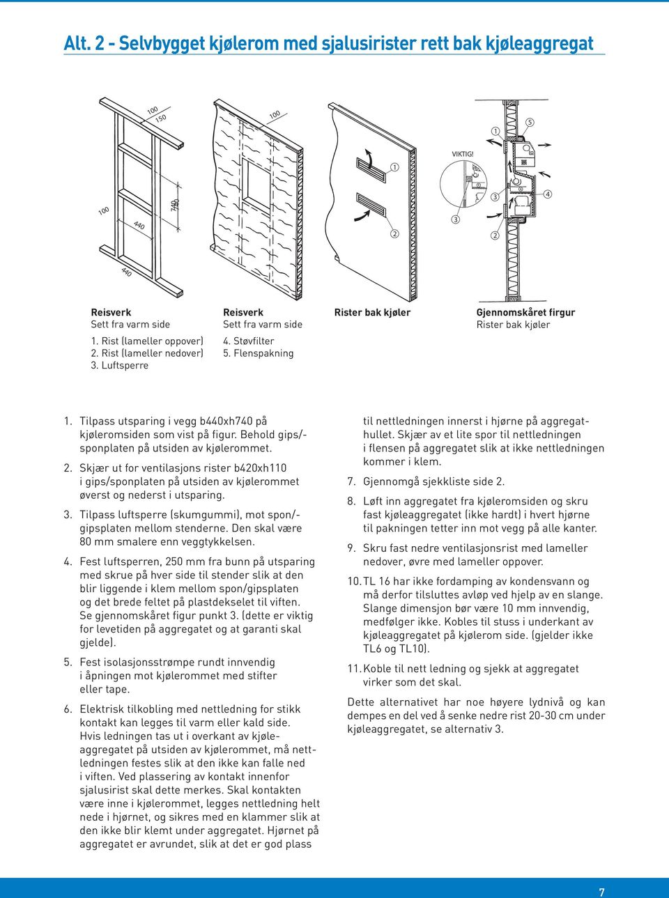 Behold gips/- sponplaten på utsiden av kjølerommet.. Skjær ut for ventilasjons rister b40xh0 i gips/sponplaten på utsiden av kjølerommet øverst og nederst i utsparing.