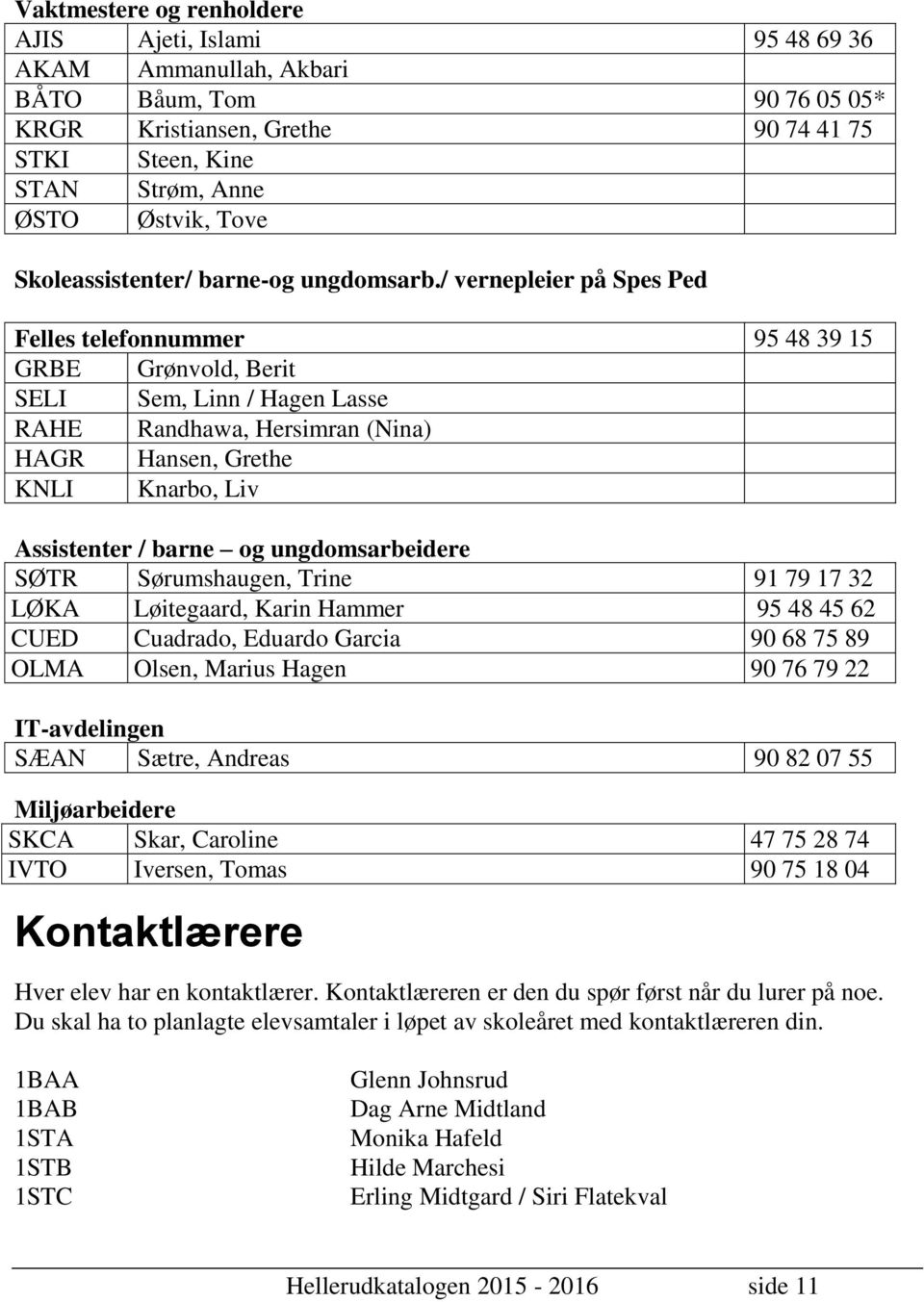 / vernepleier på Spes Ped Felles telefonnummer 95 48 39 15 GRBE Grønvold, Berit SELI Sem, Linn / Hagen Lasse RAHE Randhawa, Hersimran (Nina) HAGR Hansen, Grethe KNLI Knarbo, Liv Assistenter / barne