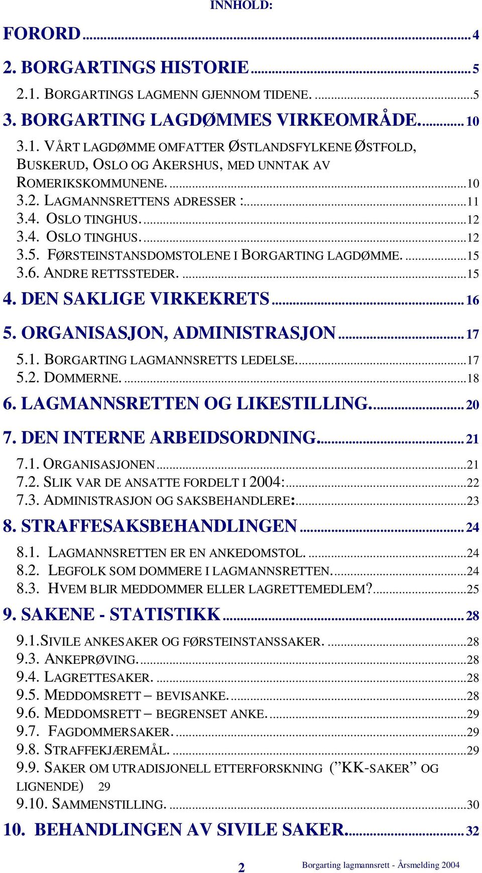 DEN SAKLIGE VIRKEKRETS... 16 5. ORGANISASJON, ADMINISTRASJON... 17 5.1. BORGARTING LAGMANNSRETTS LEDELSE...17 5.2. DOMMERNE....18 6. LAGMANNSRETTEN OG LIKESTILLING... 20 7. DEN INTERNE ARBEIDSORDNING.