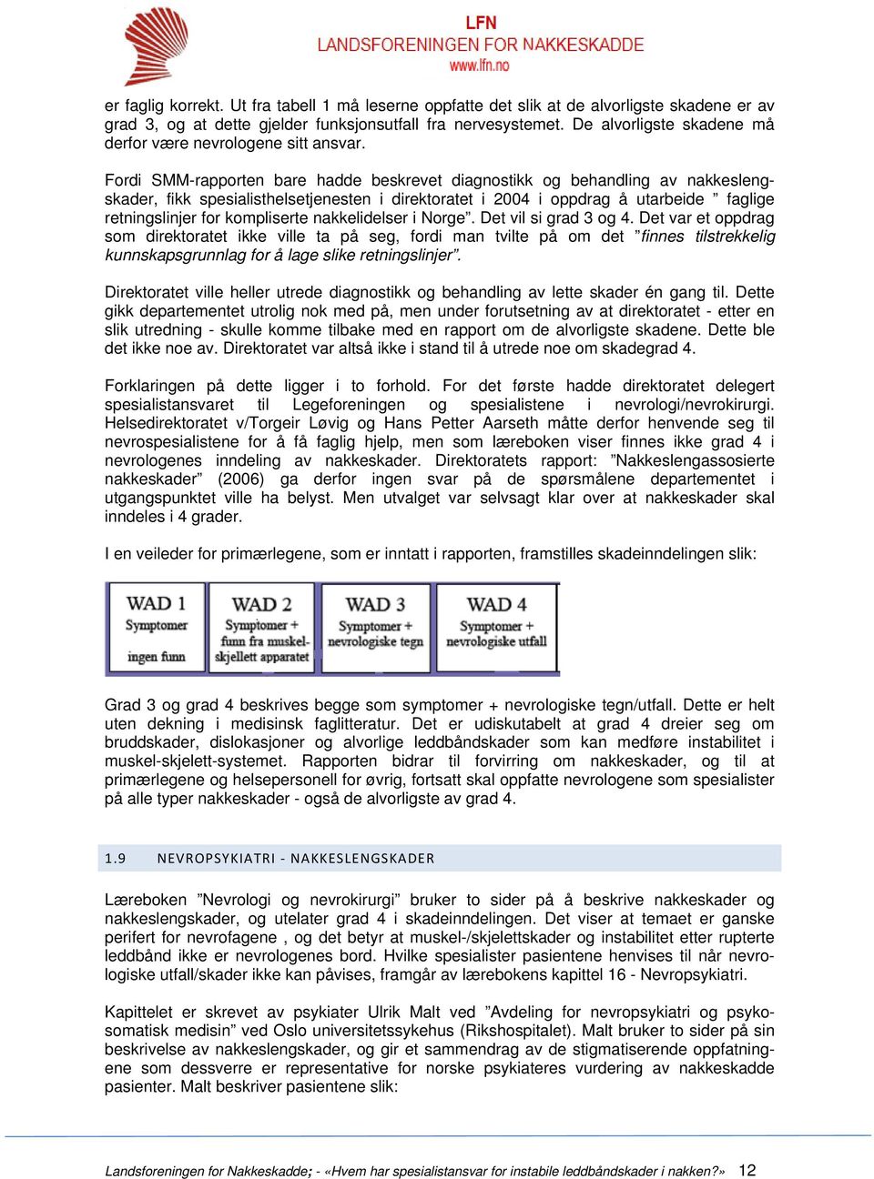 Fordi SMM-rapporten bare hadde beskrevet diagnostikk og behandling av nakkeslengskader, fikk spesialisthelsetjenesten i direktoratet i 2004 i oppdrag å utarbeide faglige retningslinjer for