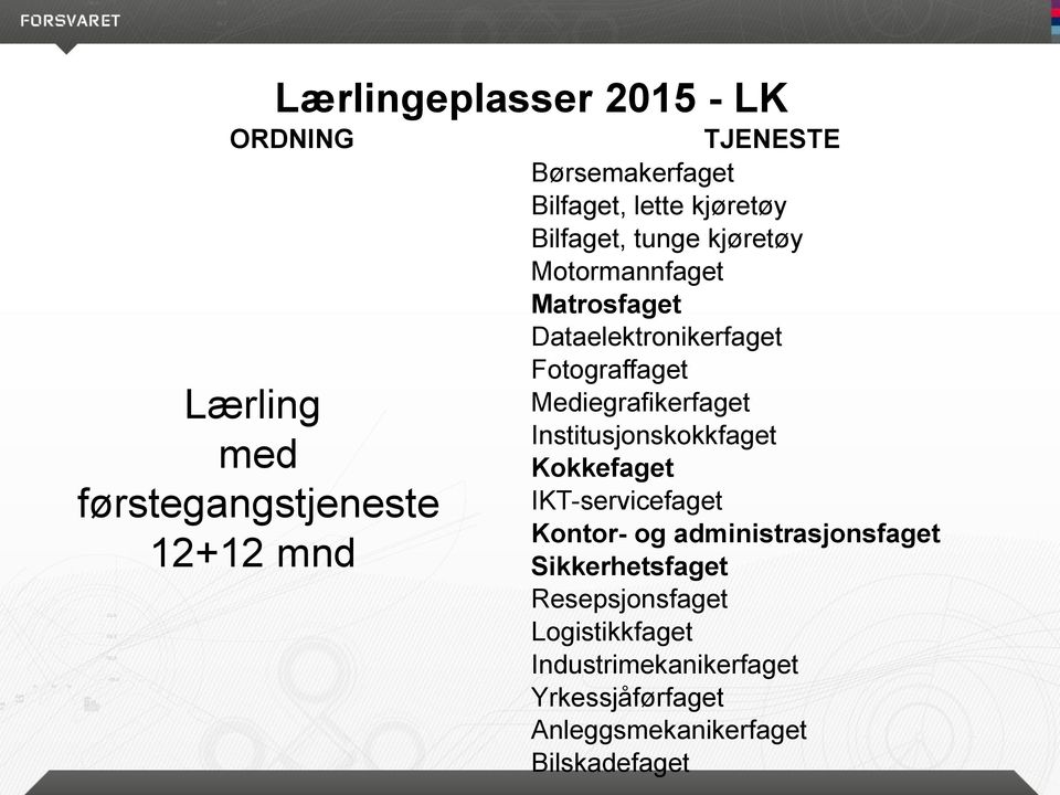 Fotograffaget Mediegrafikerfaget Institusjonskokkfaget Kokkefaget IKT-servicefaget Kontor- og