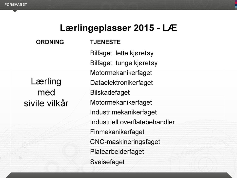 Dataelektronikerfaget Bilskadefaget Motormekanikerfaget Industrimekanikerfaget