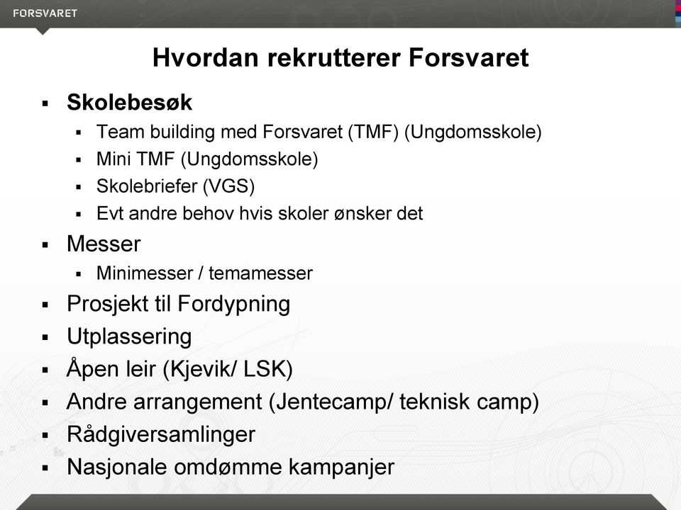 Forsvaret Minimesser / temamesser Prosjekt til Fordypning Utplassering Åpen leir