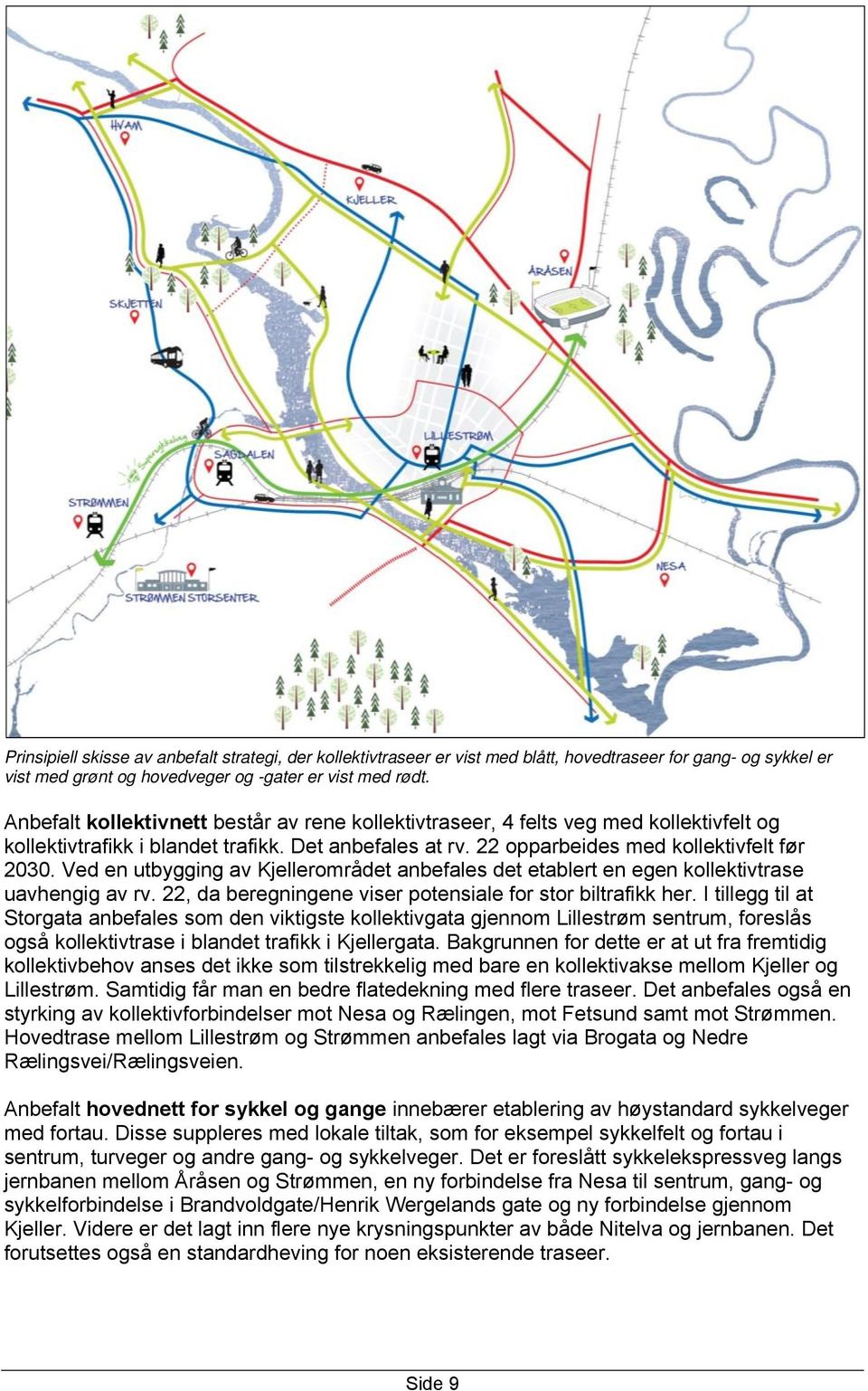 Ved en utbygging av Kjellerområdet anbefales det etablert en egen kollektivtrase uavhengig av rv. 22, da beregningene viser potensiale for stor biltrafikk her.