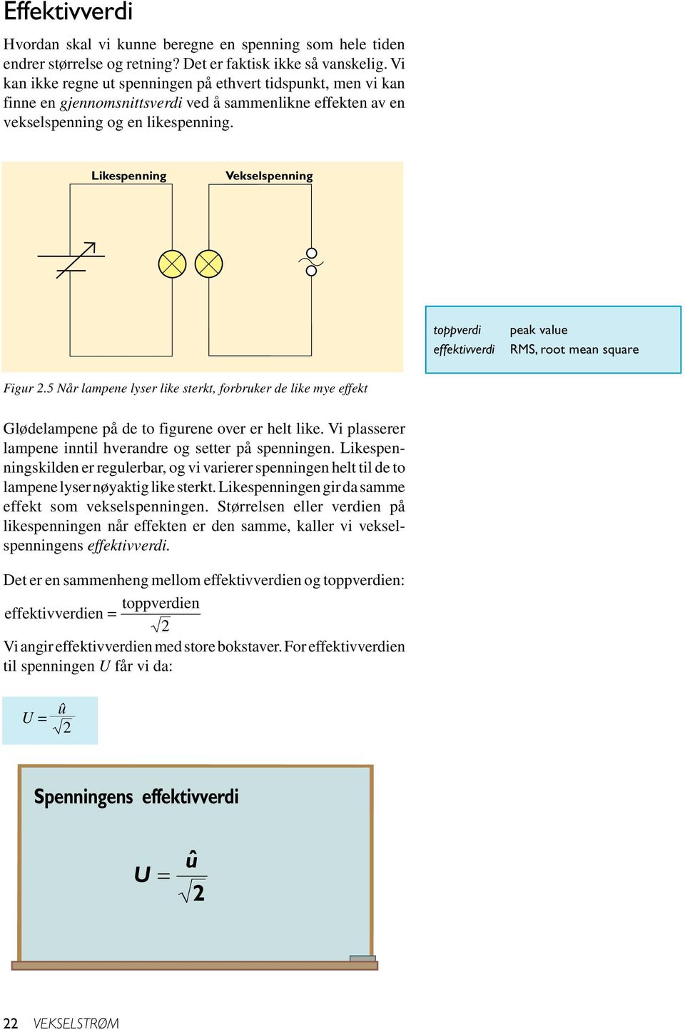 Likespenning Vekselspenning toppverdi effektivverdi peak value RMS, root mean square Figur 2.