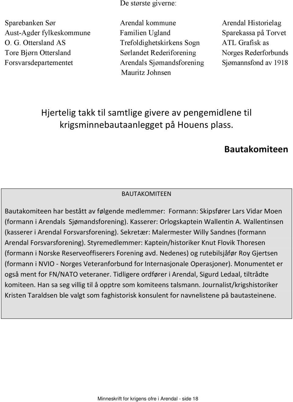 Johnsen Hjertelig takk til samtlige givere av pengemidlene til krigsminnebautaanlegget på Houens plass.