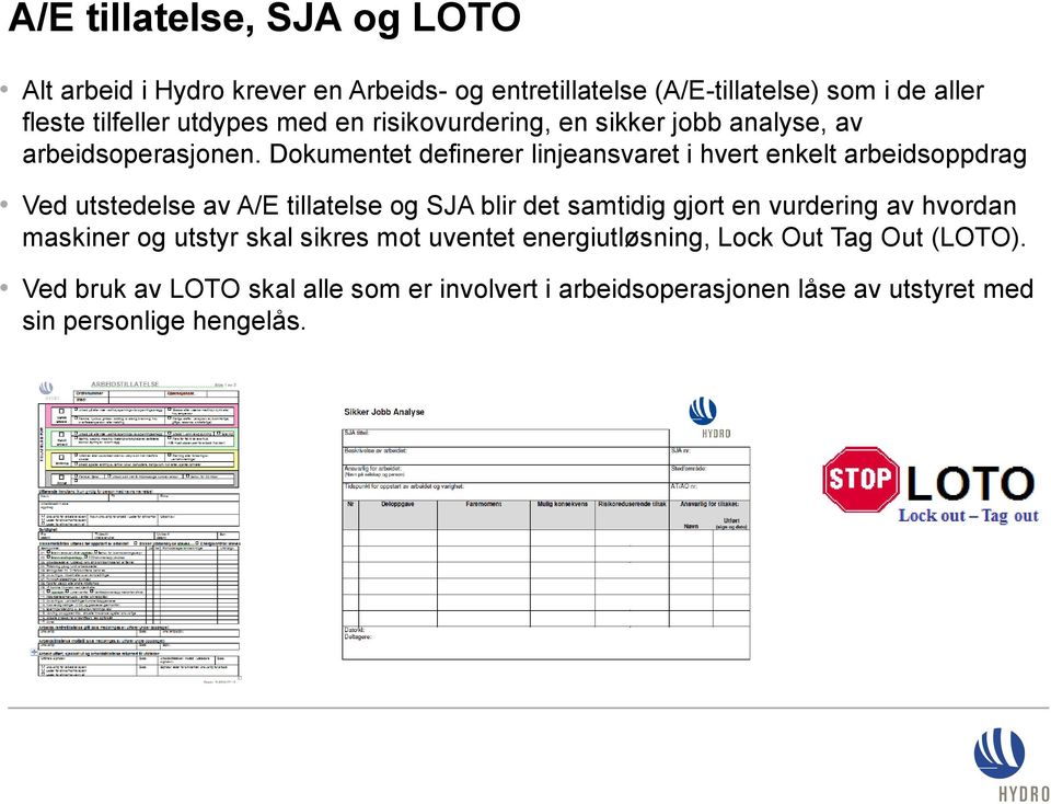 Dokumentet definerer linjeansvaret i hvert enkelt arbeidsoppdrag Ved utstedelse av A/E tillatelse og SJA blir det samtidig gjort en