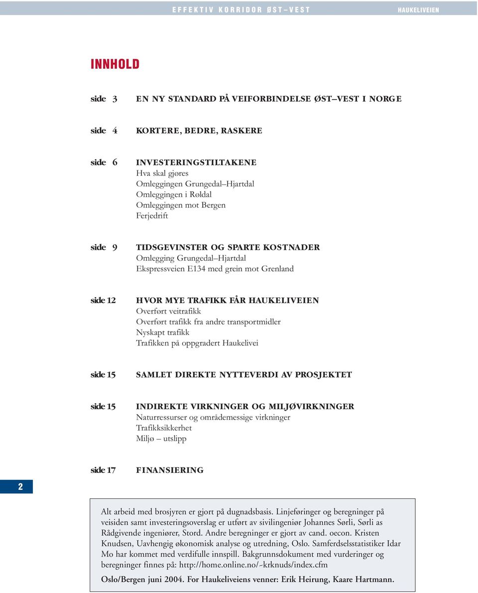 Overført trafikk fra andre transportmidler Nyskapt trafikk Trafikken på oppgradert Haukelivei side 15 SAMLET DIREKTE NYTTEVERDI AV PROSJEKTET side 15 INDIREKTE VIRKNINGER OG MILJØVIRKNINGER