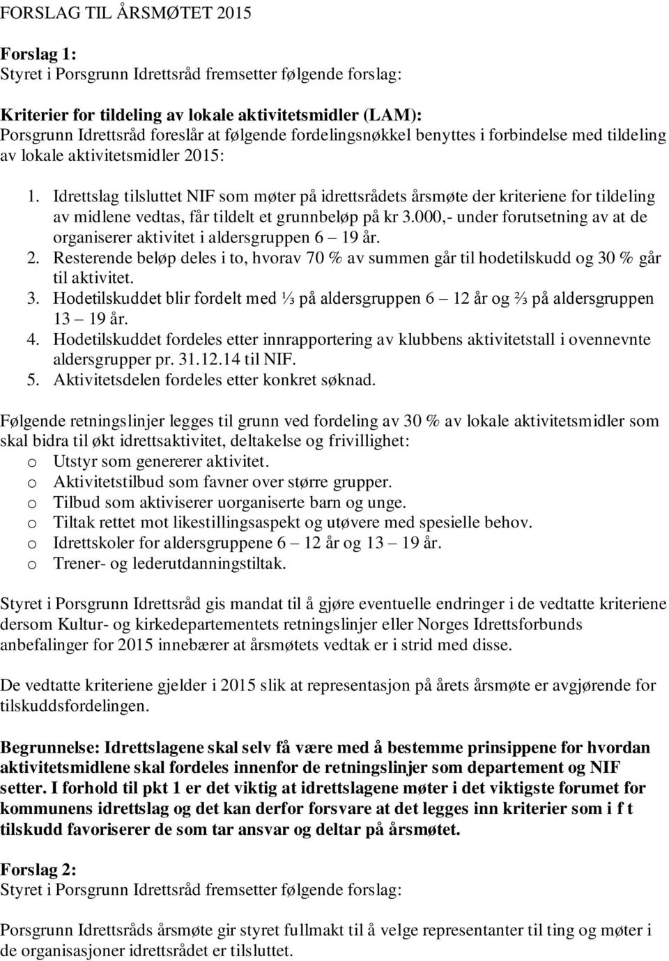 Idrettslag tilsluttet NIF som møter på idrettsrådets årsmøte der kriteriene for tildeling av midlene vedtas, får tildelt et grunnbeløp på kr 3.