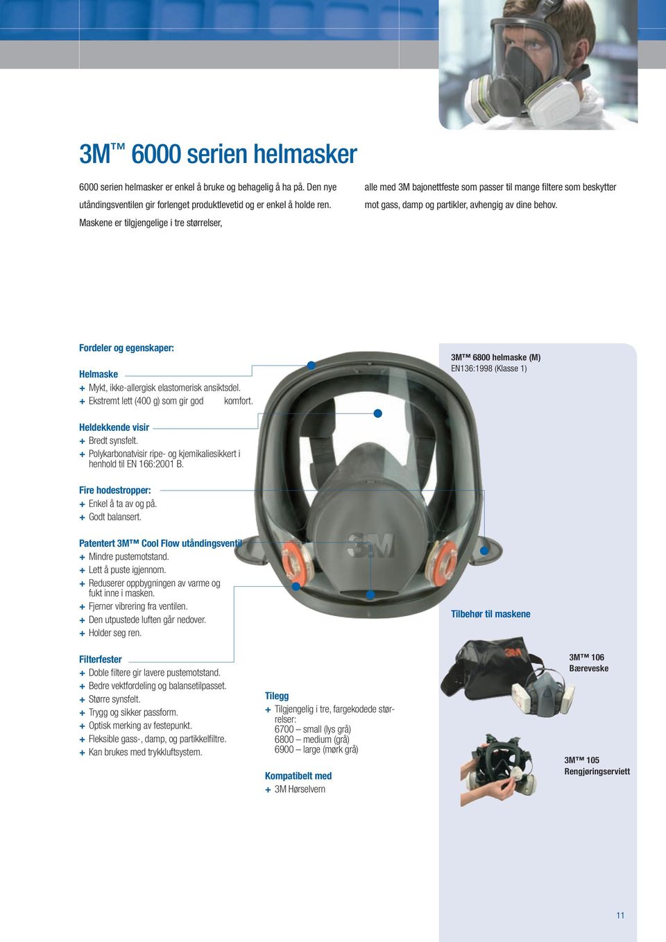 Fordeler og egenskaper: Helmaske + Mykt, ikke-allergisk elastomerisk ansiktsdel. + Ekstremt lett (400 g) som gir god komfort.