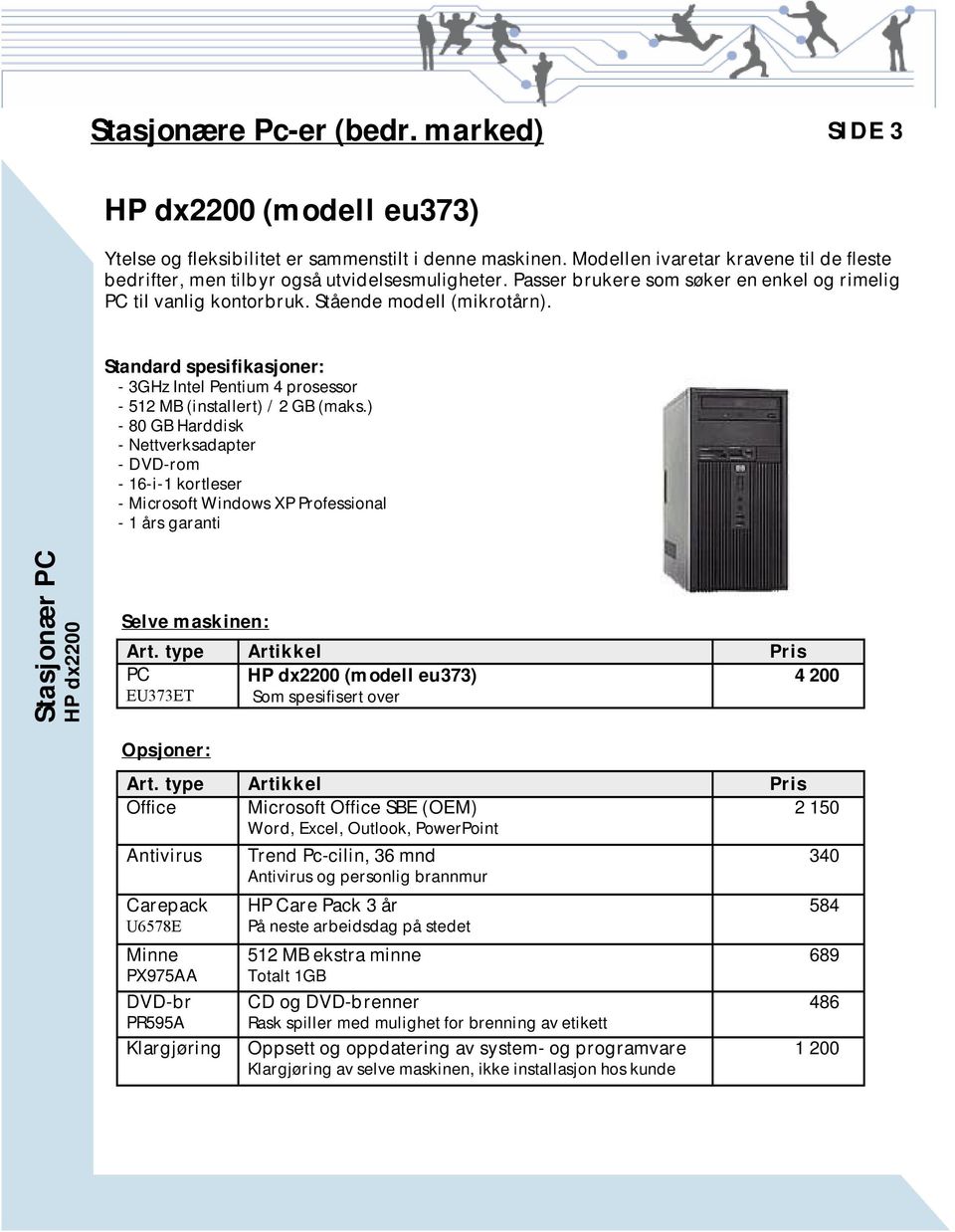 Standard spesifikasjoner: - 3GHz Intel Pentium 4 prosessor - 512 MB (installert) / 2 GB (maks.