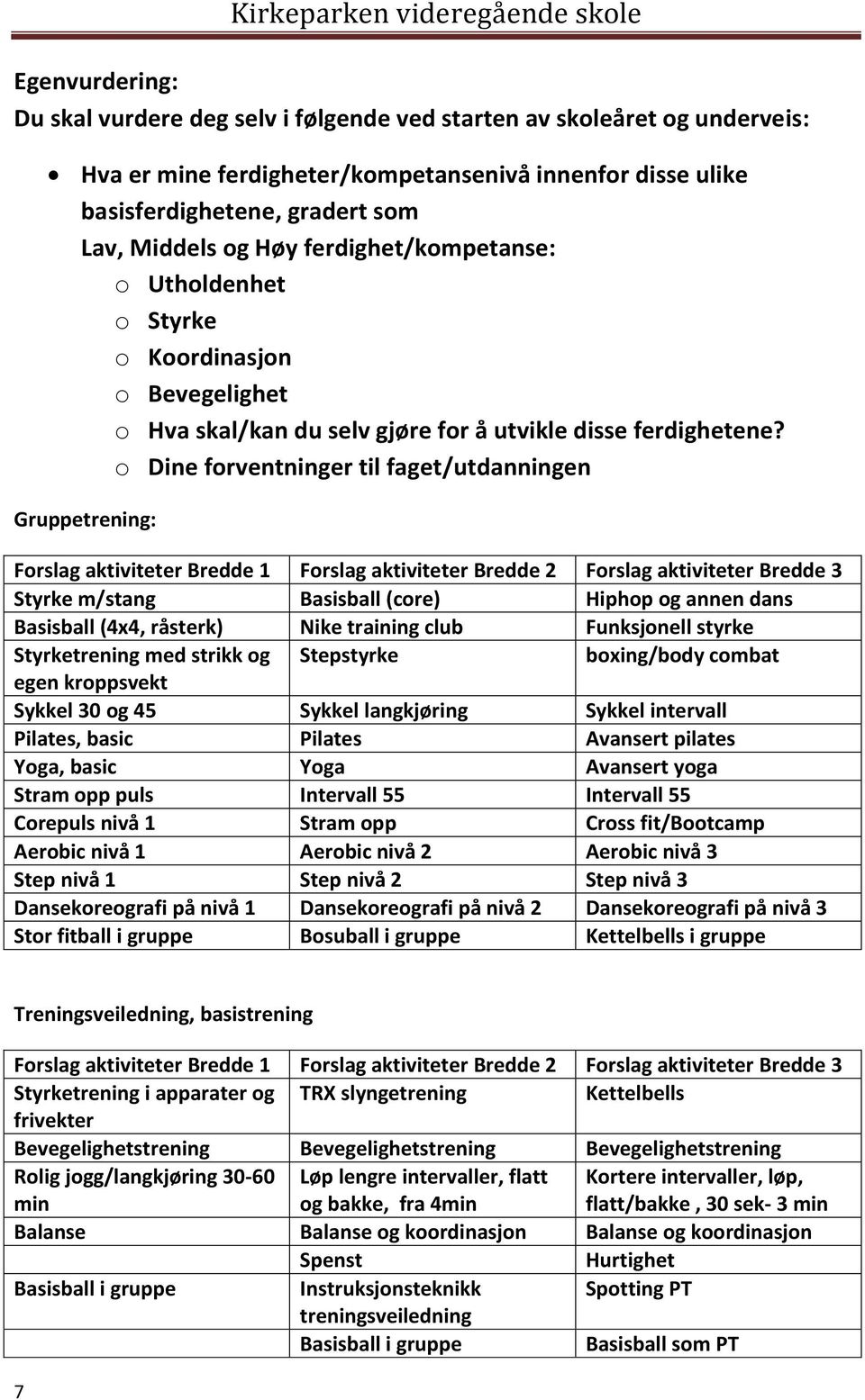 o Dine forventninger til faget/utdanningen Gruppetrening: Forslag aktiviteter Bredde 1 Forslag aktiviteter Bredde 2 Forslag aktiviteter Bredde 3 Styrke m/stang Basisball (core) Hiphop og annen dans