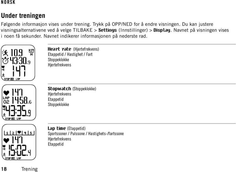 Navnet på visningen vises i noen få sekunder. Navnet indikerer informasjonen på nederste rad.