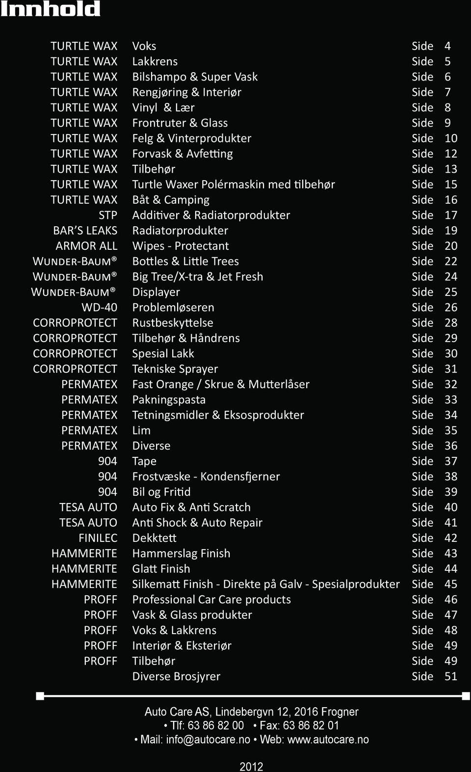 Side 16 STP Additiver & Radiatorprodukter Side 17 BAR S LEAKS Radiatorprodukter Side 19 ARMOR ALL Wipes - Protectant Side 20 Wunder-Baum Bottles & Little Trees Side 22 Wunder-Baum Big Tree/X-tra &