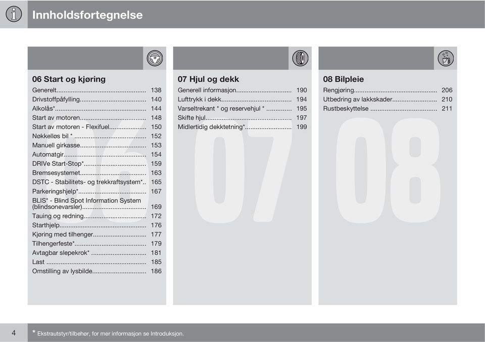 .. 153 Automatgir... 154 DRIVe Start-Stop*... 159 Bremsesystemet... 163 DSTC - Stabilitets- og trekkraftsystem*.. 165 Parkeringshjelp*... 167 BLIS* - Blind Spot Information System (blindsonevarsler).