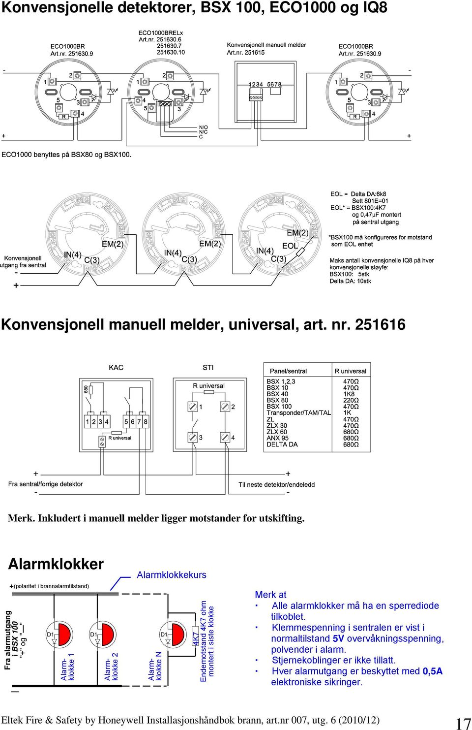 Alarmklokker +(polaritet i brannalarmtilstand) Fra alarmutgang i BSX 100 "+" og "" D1 D1 D1 Alarmklokke 1 Alarmklokke 2 Alarmklokkekurs Alarmklokke N 4K7