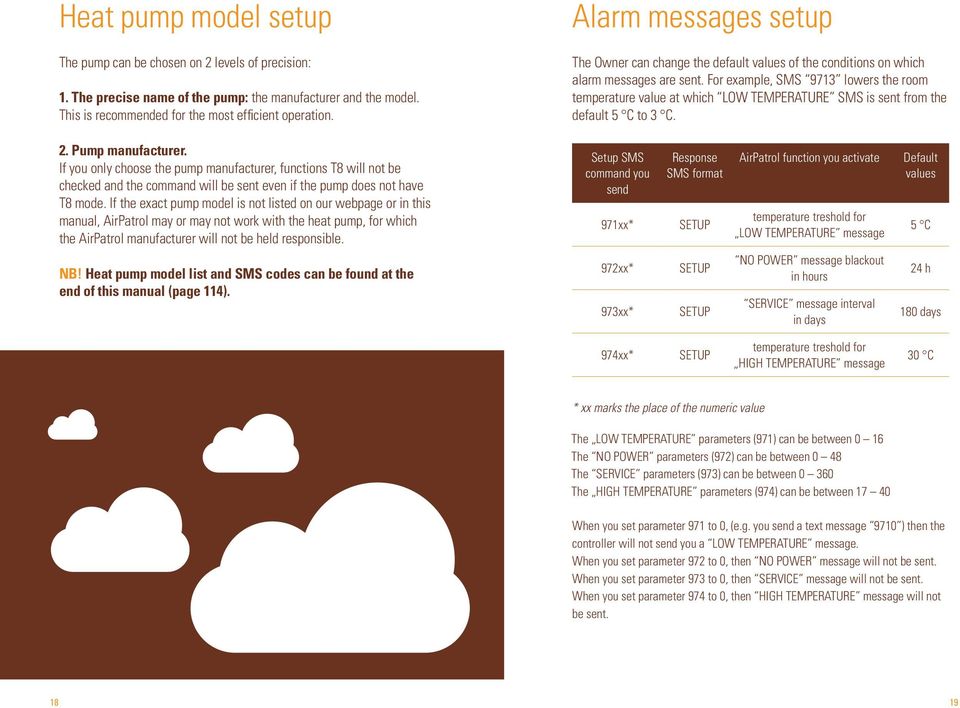 For example, SMS 9713 lowers the room temperature value at which LOW TEMPERATURE SMS is sent from the default 5 C to 3 C. 2. Pump manufacturer.