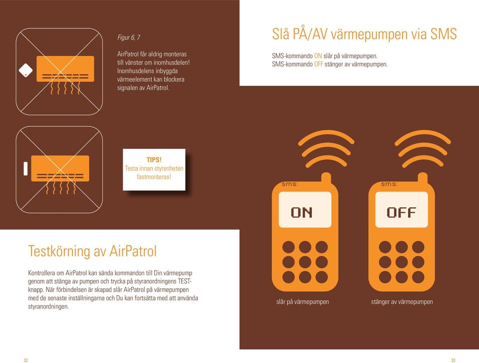 sms: sms: ON OFF Testkörning av AirPatrol Kontrollera om AirPatrol kan sända kommandon till Din värmepump genom att stänga av pumpen och trycka på styranordningens